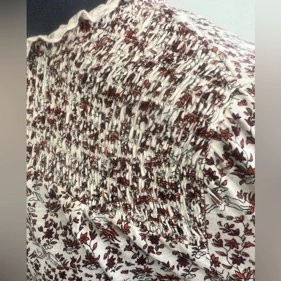 Lucky Brand Sz M Modest High Neck Smocked Frint Fall leaves long sleeve blouse - Picture 6 of 15